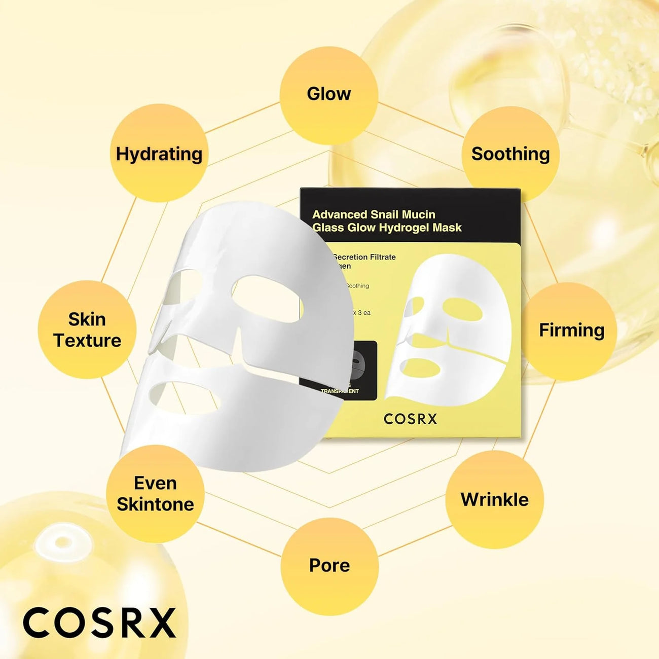 COSRX Advanced Snail Mucin Glass Glow Hydrogel Mask Pack de 3 – Masque éclat et réparateur