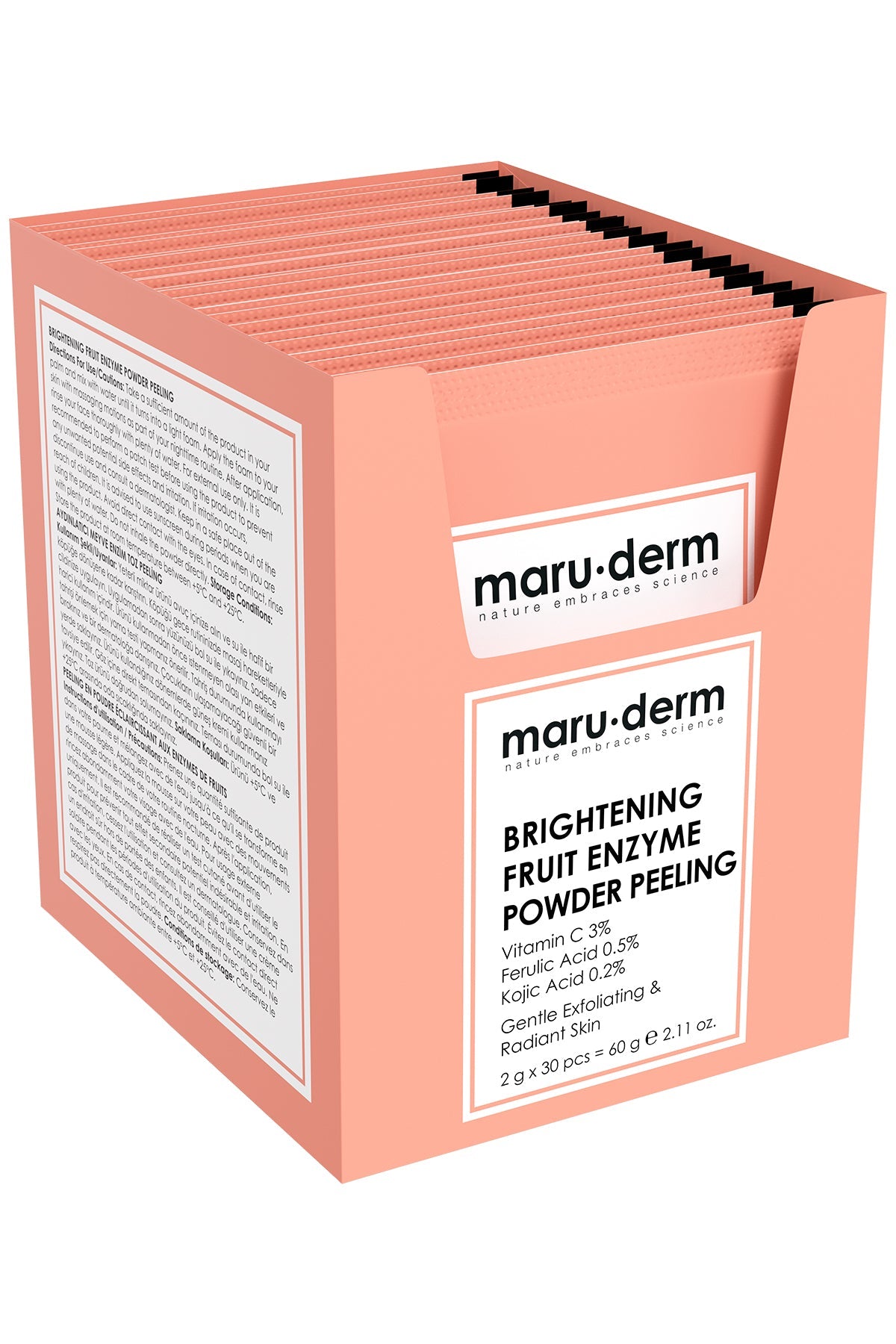 MARUDERM PEELING ECLAIRCISSANTE AUX ENZYMES DE FRUITS EN POUDRE 60G 30 PCS – Teint Lumineux & Uniforme